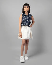 Girls White & Black Sleeveless Polka Dot Tie-Up Top and Skirt Co-ord Set