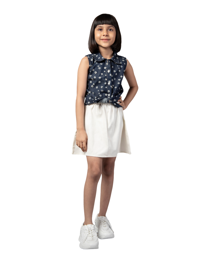 Girls White & Black Sleeveless Polka Dot Tie-Up Top and Skirt Co-ord Set