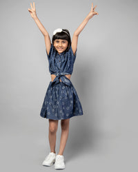 Blue Denim Half Sleeve Polka Dot Tie-Up Top and Skirt Co-ord Set