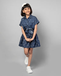 Blue Denim Half Sleeve Polka Dot Tie-Up Top and Skirt Co-ord Set