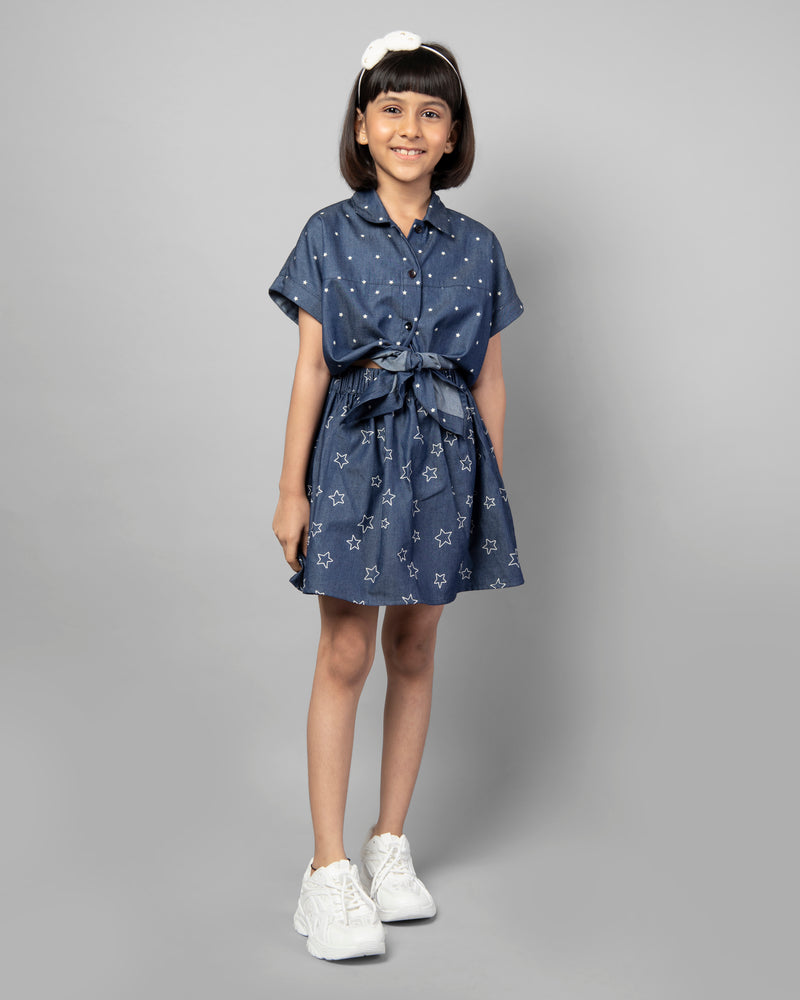 Blue Denim Half Sleeve Polka Dot Tie-Up Top and Skirt Co-ord Set