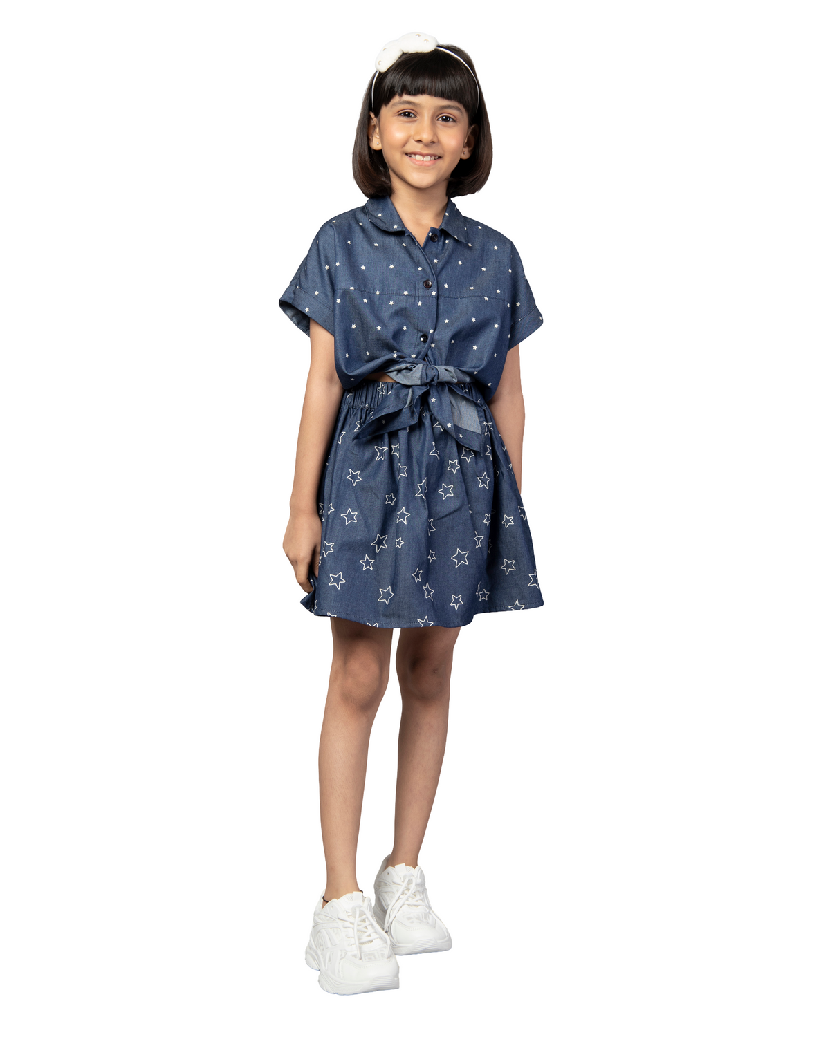 Blue Denim Half Sleeve Polka Dot Tie-Up Top and Skirt Co-ord Set