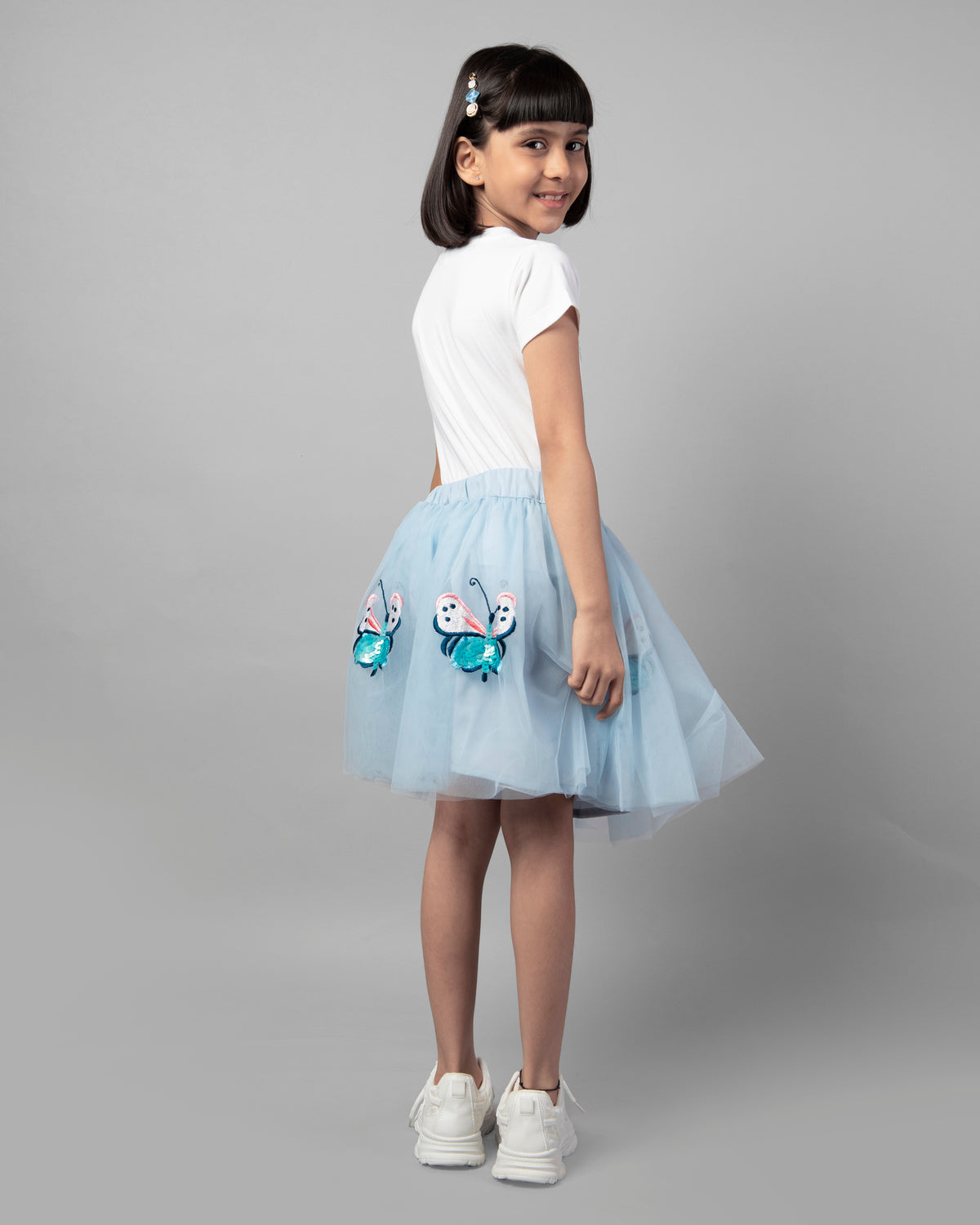 Sky Blue and White Half Sleeve Butterfly Patch T-Shirt and Skirt Co-ord Set