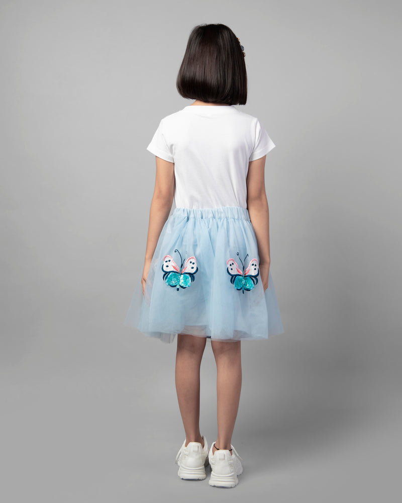 Sky Blue and White Half Sleeve Butterfly Patch T-Shirt and Skirt Co-ord Set