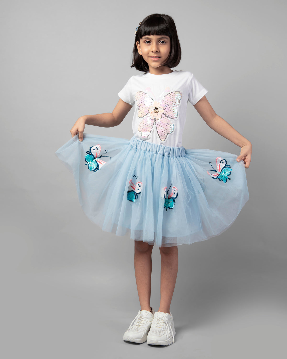 Sky Blue and White Half Sleeve Butterfly Patch T-Shirt and Skirt Co-ord Set