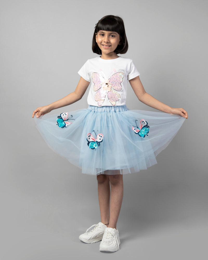 Sky Blue and White Half Sleeve Butterfly Patch T-Shirt and Skirt Co-ord Set