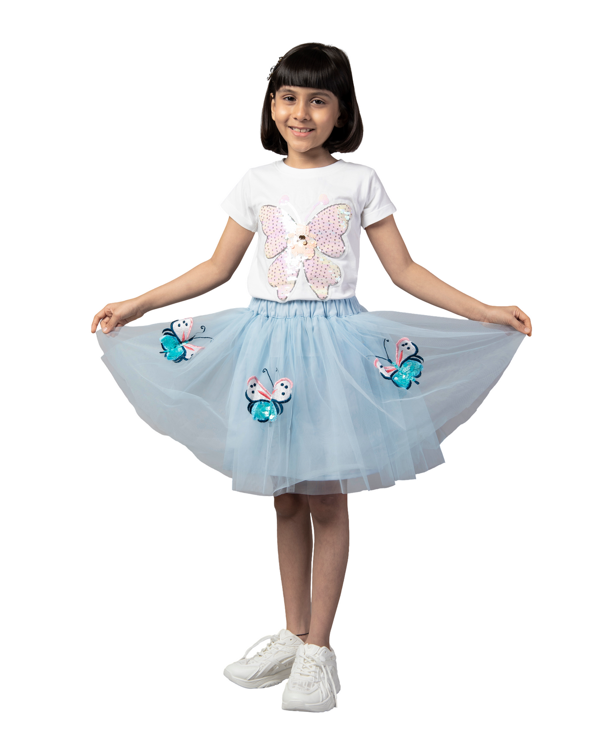 Sky Blue and White Half Sleeve Butterfly Patch T-Shirt and Skirt Co-ord Set