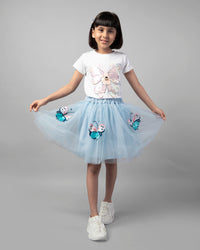 Sky Blue and White Half Sleeve Butterfly Patch T-Shirt and Skirt Co-ord Set