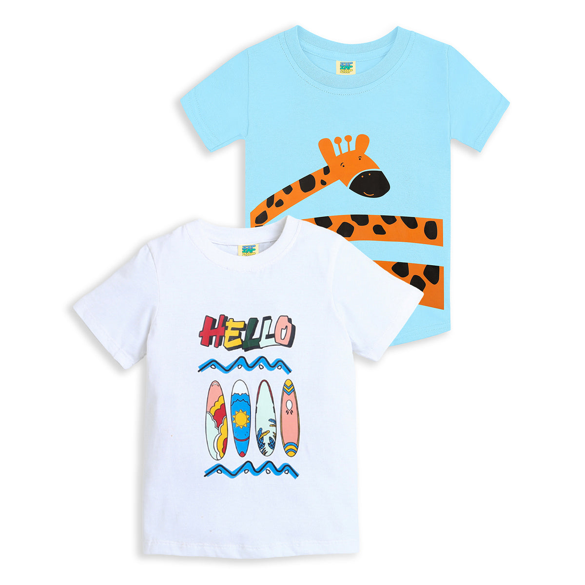 Pack of 2 Sky Blue-Giraffe & Neon Green-Hello Print Cotton T-shirt