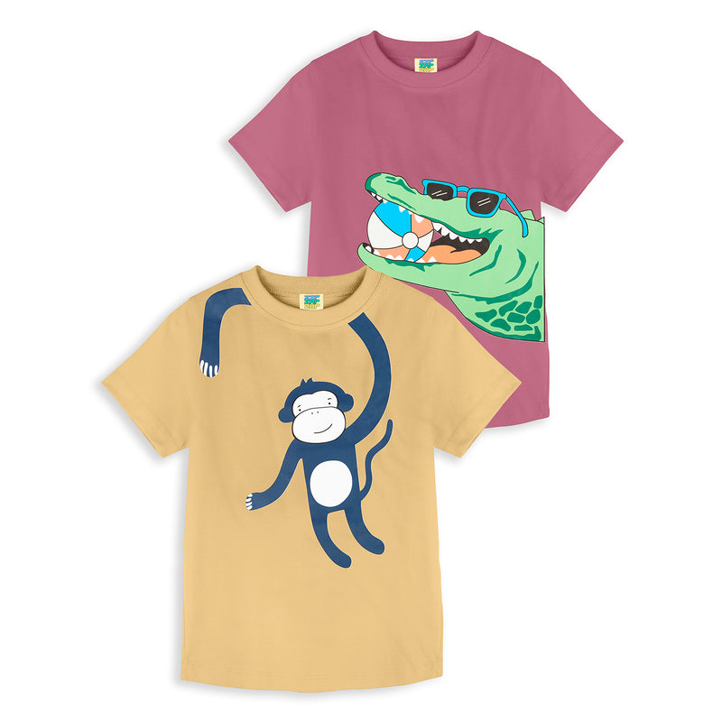 Pack of 2 Beige-Monkey & Pink-Ball Alligator Print Cotton T-shirt