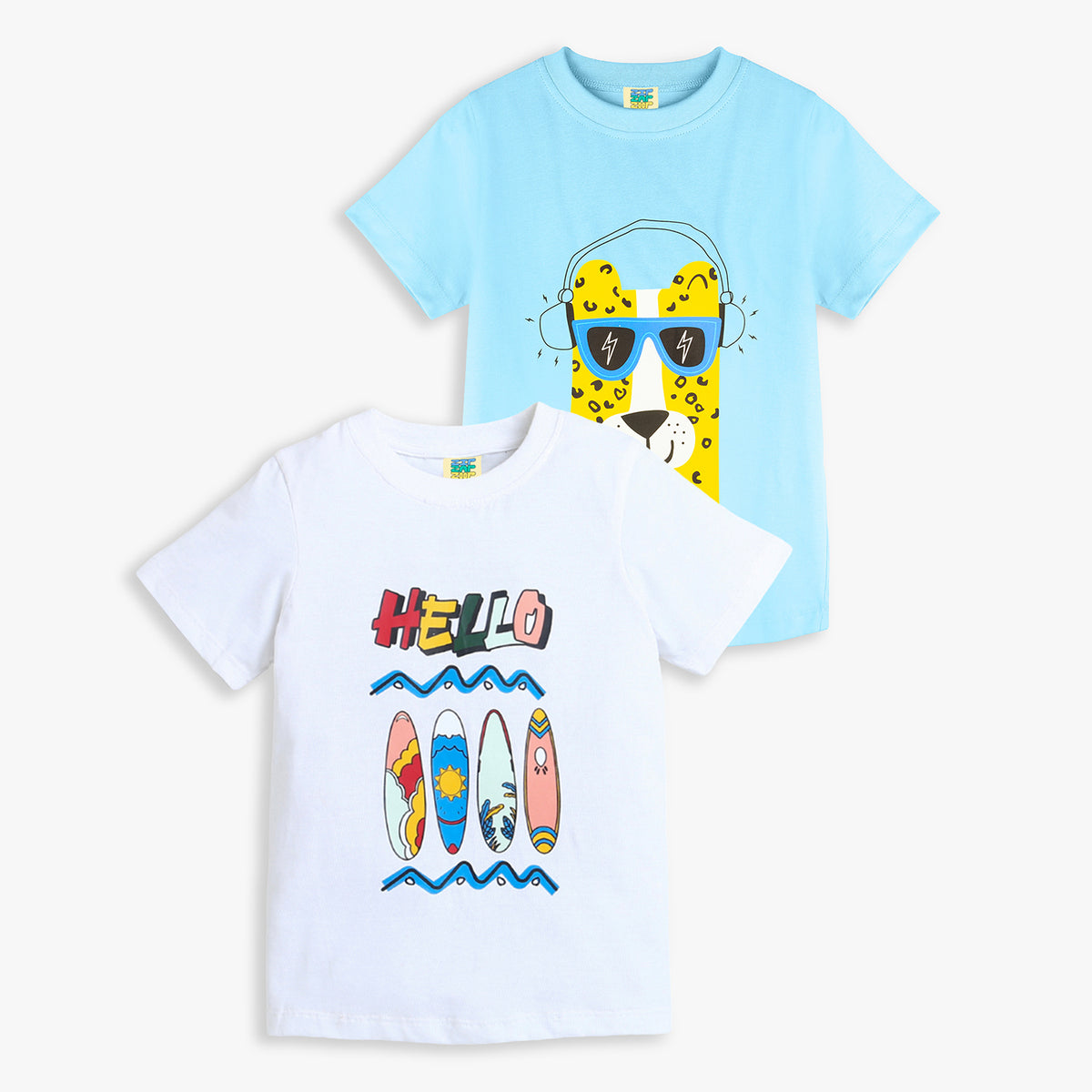 Pack of 2 Sky Blue-Llama & White-Hello Print Cotton T-shirt