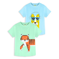 Pack of 2 Mint Green-Walking Tiger & Sky Blue-Llama Print Cotton T-shirt