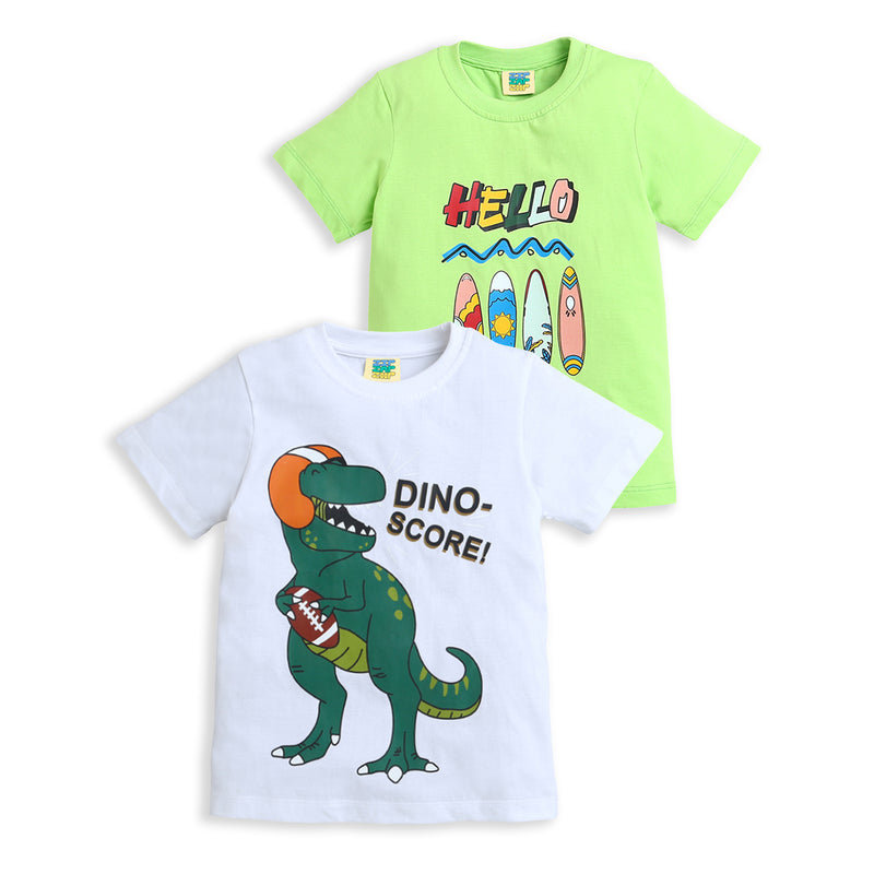 Pack of 2 White-Dino Score & Neon Green-Hello Print Cotton T-shirt