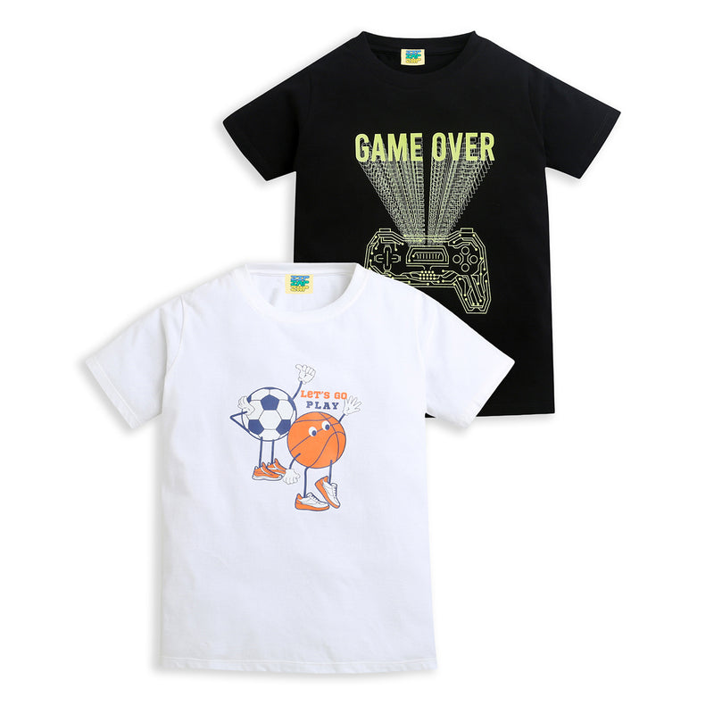 Pack of 2 White-Basket Ball Foot Ball & Black-Game Over Print Cotton T-shirt