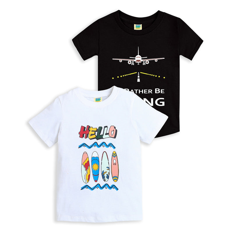 Pack of 2 Black-I'D Rather Be Flying & White-Hello Print Cotton T-shirt