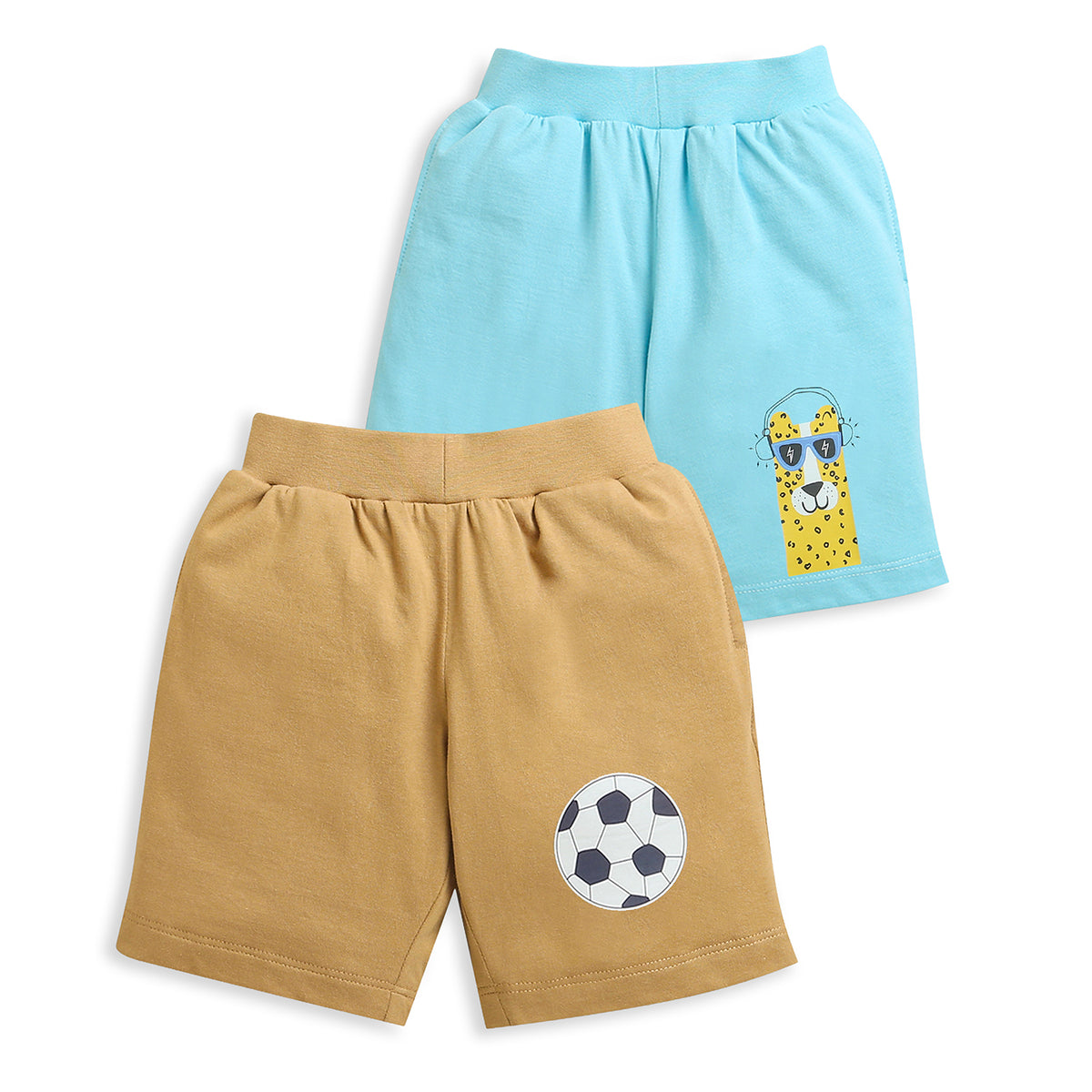 Pack of 2 Beige-FootBall & Sky Blue-Llama Print Cotton Shorts