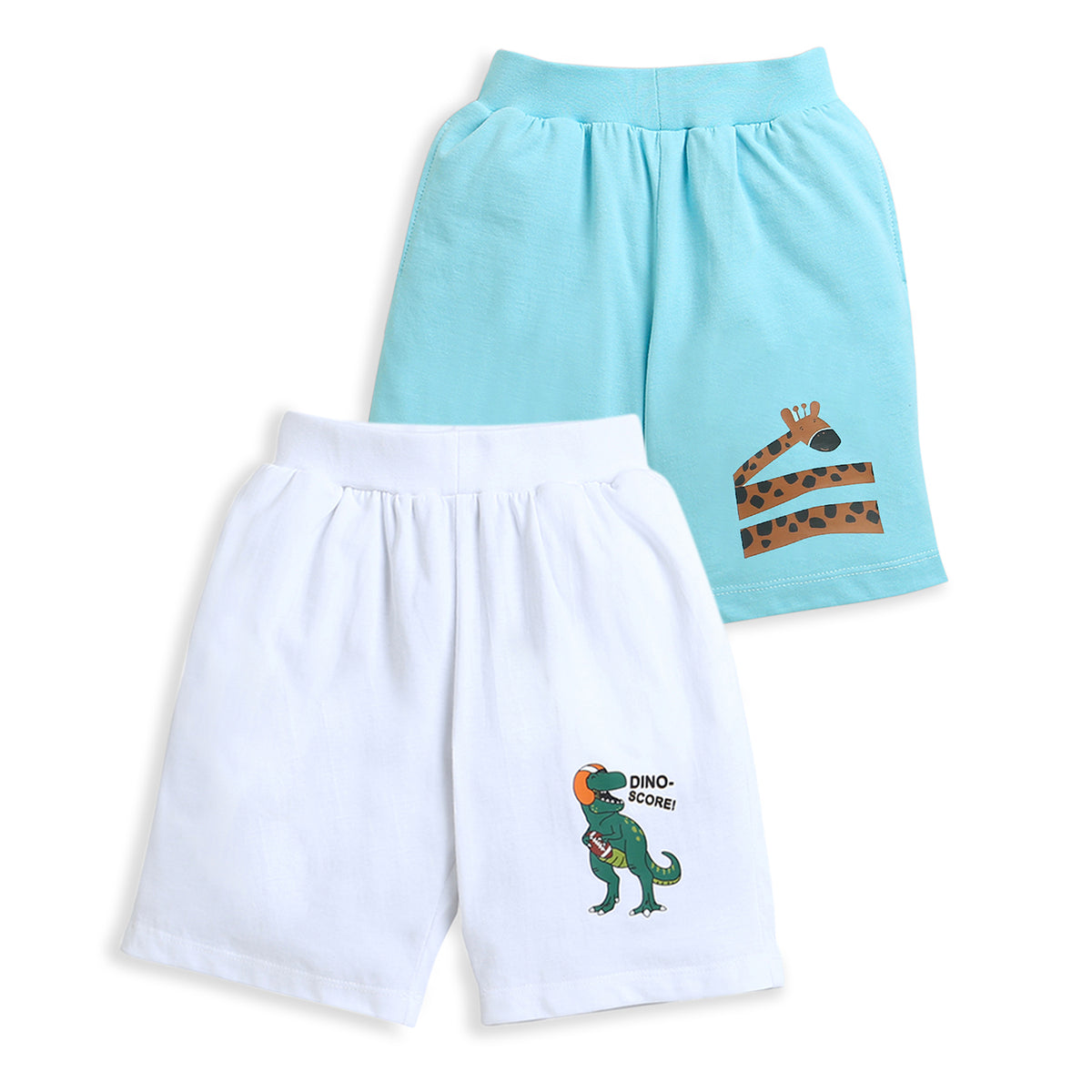 Pack of 2 Sky Blue-Giraffe & White-DinoScore Print Cotton Shorts