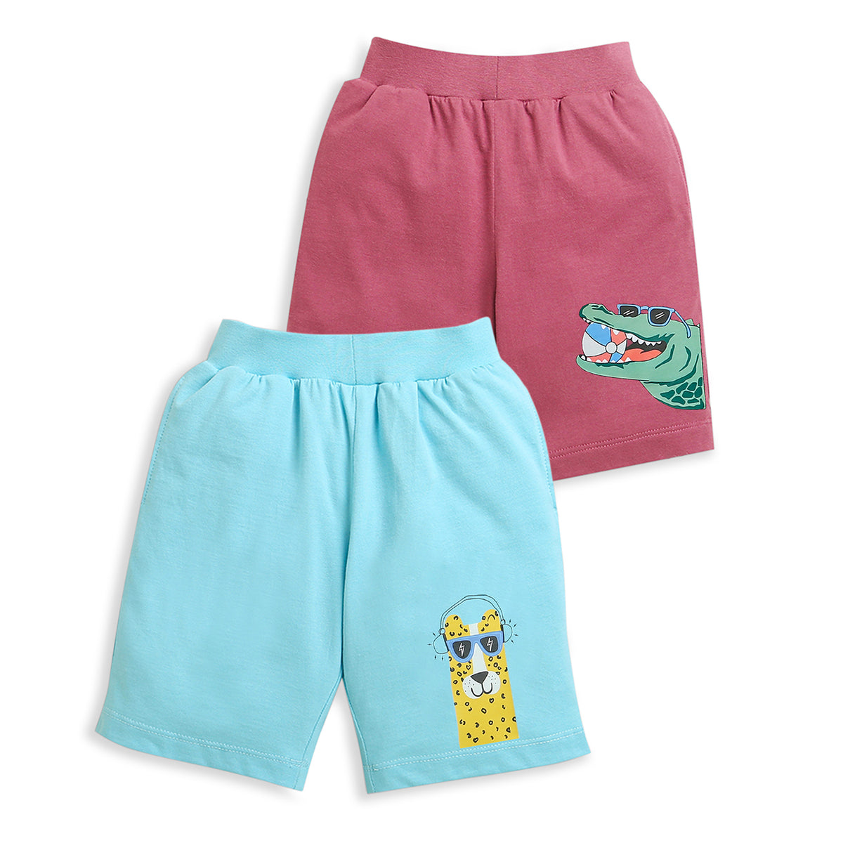 Pack of 2 Pink-Alligator Ball & Sky Blue-Llama Print Cotton Shorts