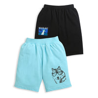 Pack of 2 Black-Space Light & Sky Blue-Dog Spacs Print Cotton Shorts