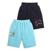 Pack of 2 Sky Blue-Player Basketball & Navy Blue-Video Game Print Cotton Shorts