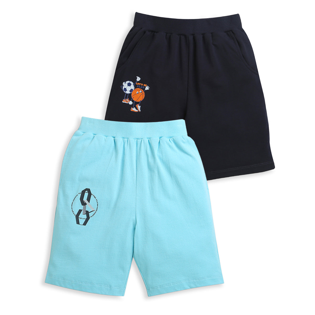 Pack of 2 Black-Football Basketball & Sky Blue-Infinity Print Cotton Shorts