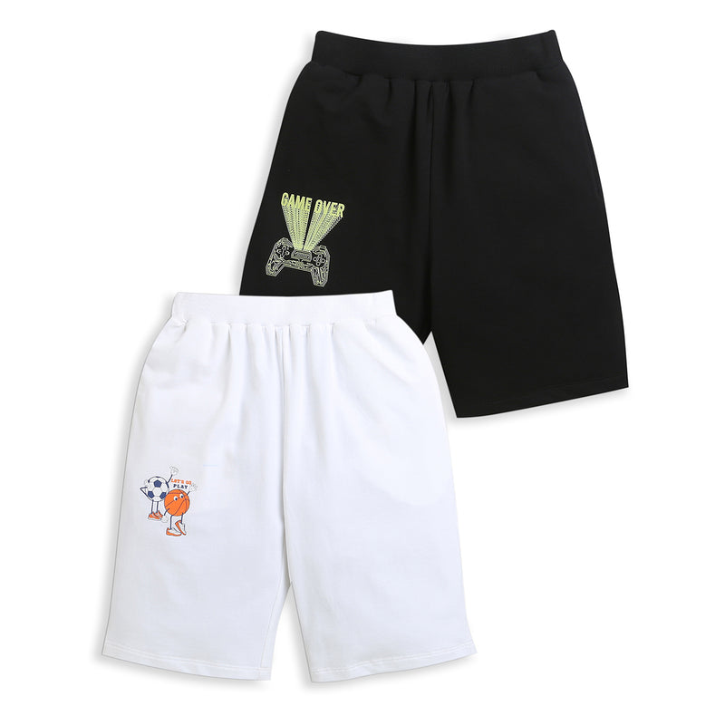 Pack of 2 Black-Game Over & White-Football BasketBall Print Cotton Shorts