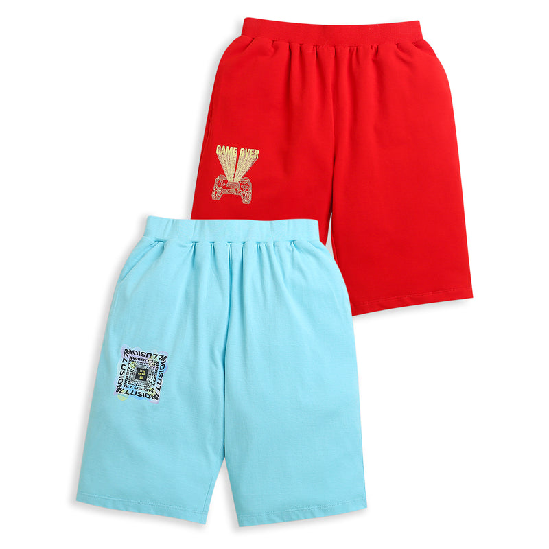 Pack of 2 Sky Blue-Illusion & Red-Game Over Print Cotton Shorts