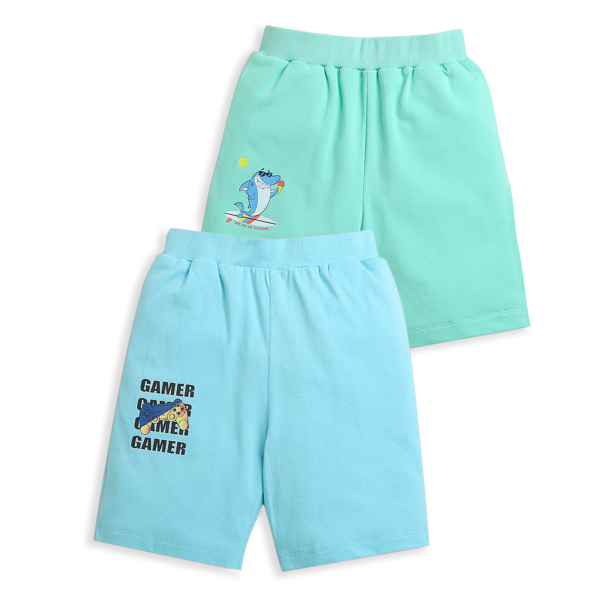 Pack of 2 Mint Green-Sun Surf IceCream & Sky Blue-Gamer Print Cotton Shorts