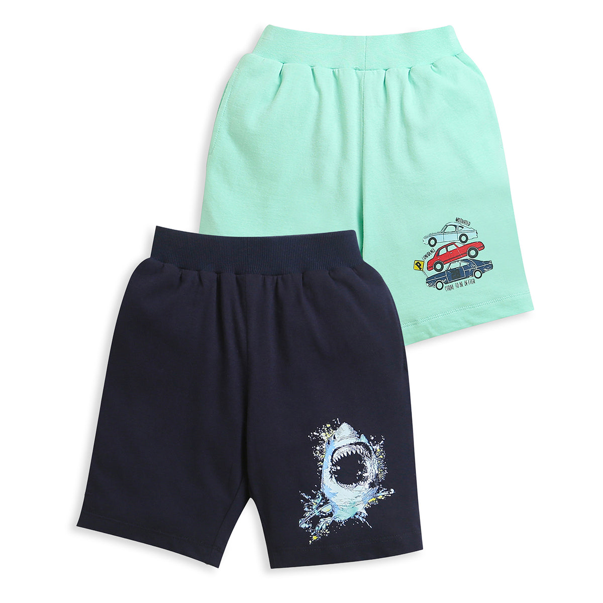 Pack of 2 Mint Green-3 Car & Navy Blue-Shark Print Cotton Shorts