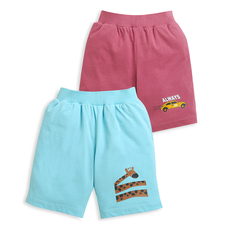 Pack of 2 Pink-Always Car & Sky Blue-Giraffe Print Cotton Shorts