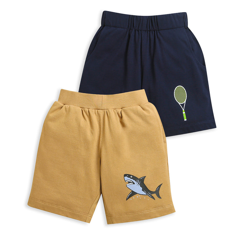 Pack of 2 Beige-Shark & Navy Blue-Tennis Racket Print Cotton Shorts