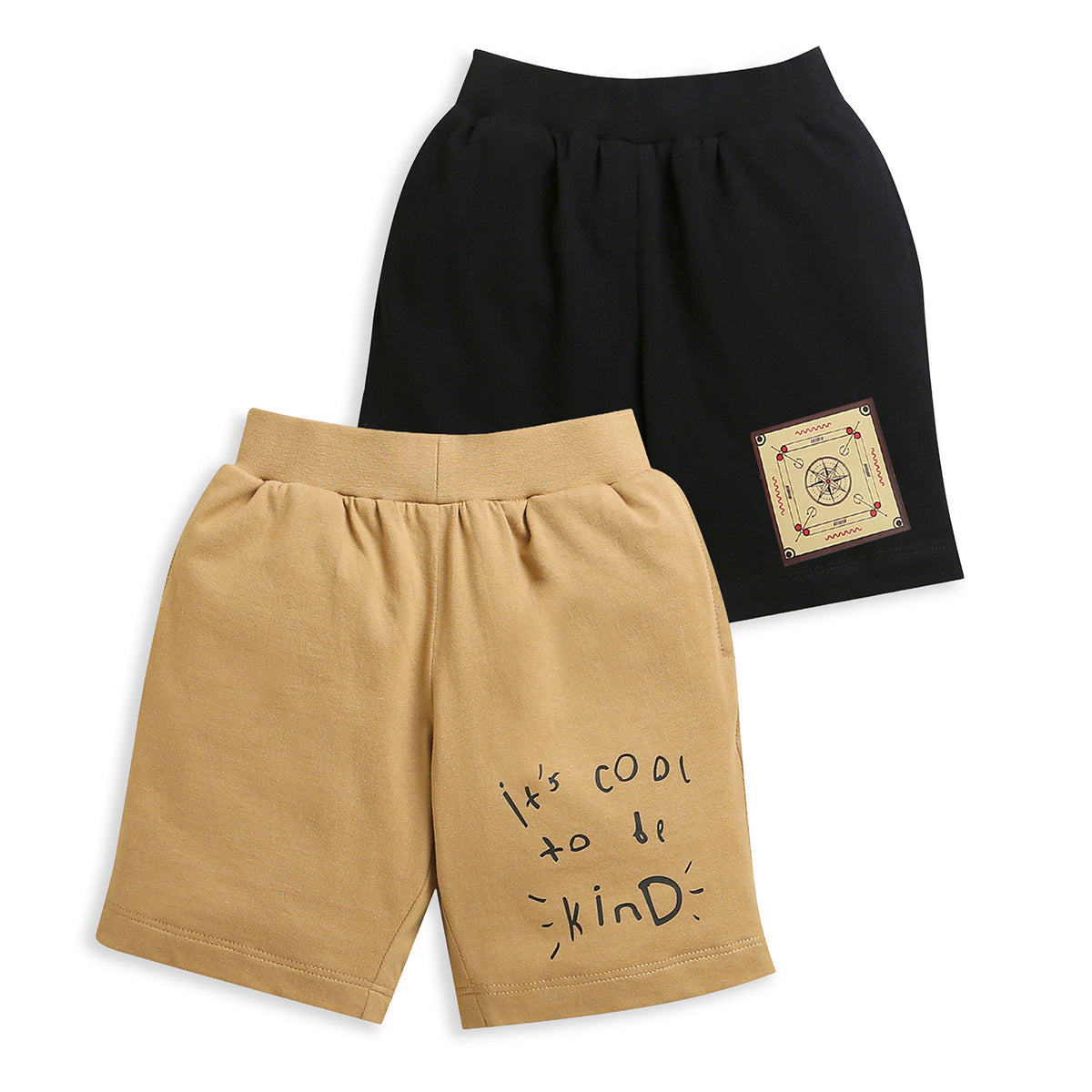 Pack of 2 Black-Carrom & Beige-It's Cool To Be Kind Print Cotton Shorts