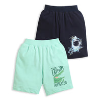 Pack of 2 Mint Green-See Ya Later & Navy Blue-Shark Print Cotton Shorts