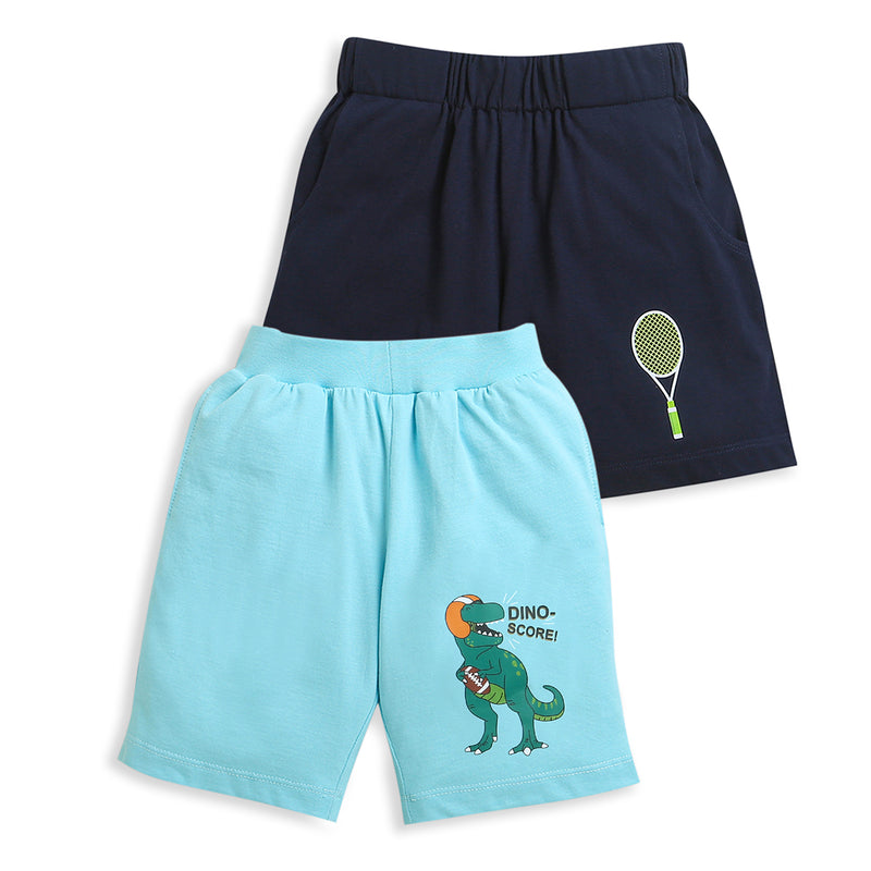 Pack of 2 Navy Blue-Tennis Racket & Sky Blue-Dino Score Print Cotton Shorts