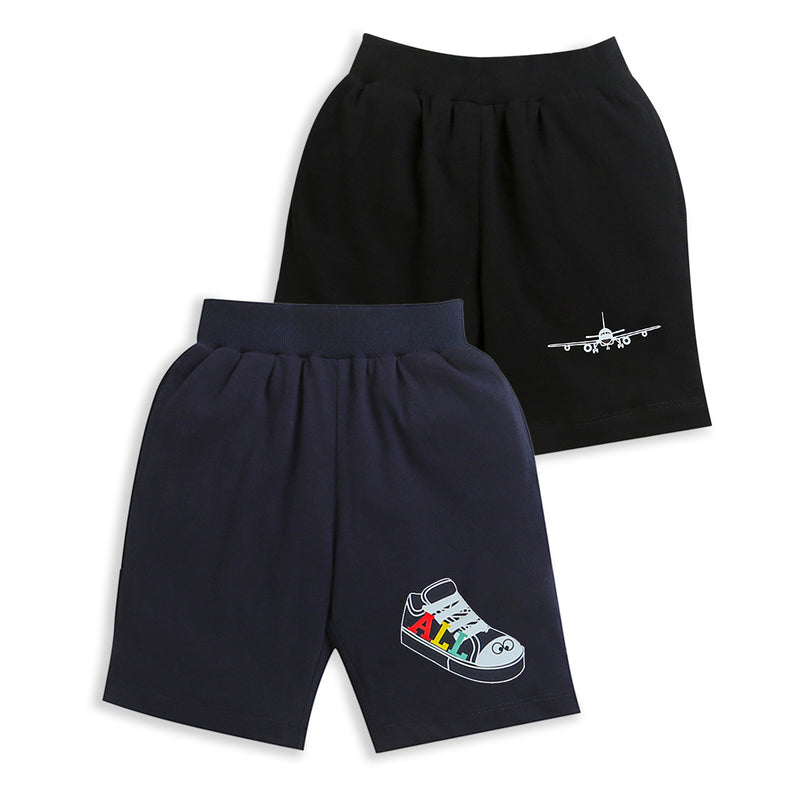 Pack of 2 Black-Plane & Navy Blue-All Shoe Print Cotton Shorts