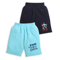 Pack of 2 Navy Blue-Flying Plane & Sky Blue-King Of Cool Print Cotton Shorts