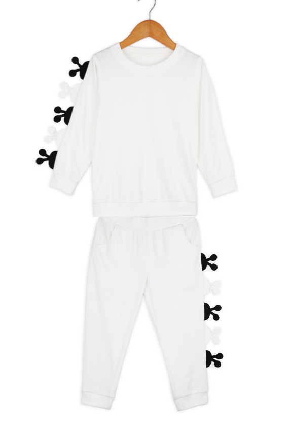 White Full Sleeve Round Neck Bumble Bee Girls Tracksuit Co-ord Set